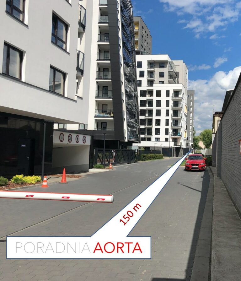 Schemat dojścia do poradni AORTA - ulica Skierniewicka 34A 150 metrów